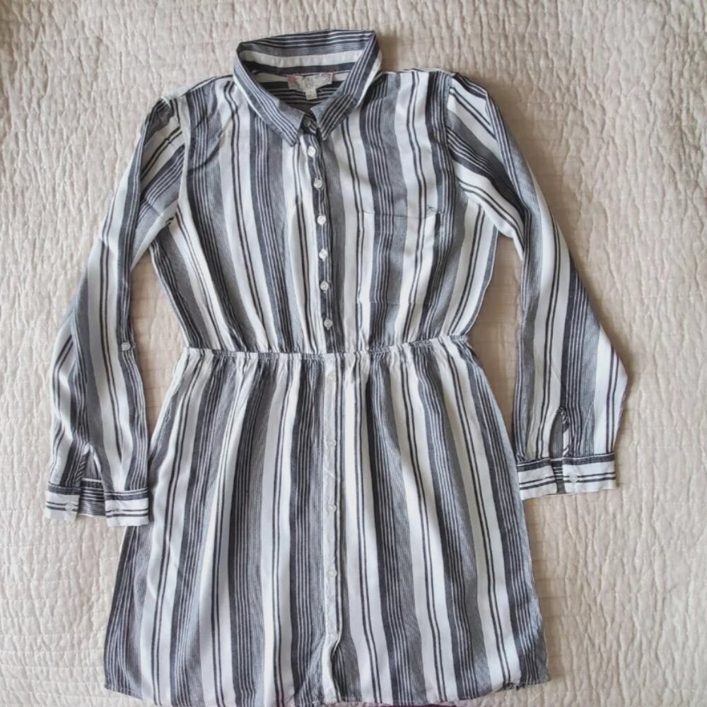 PINK ROSE VINTAGE SHIRT DRESS SIZE L GRAY WHITE STRIPES LONG SLEEVES BUTTONS